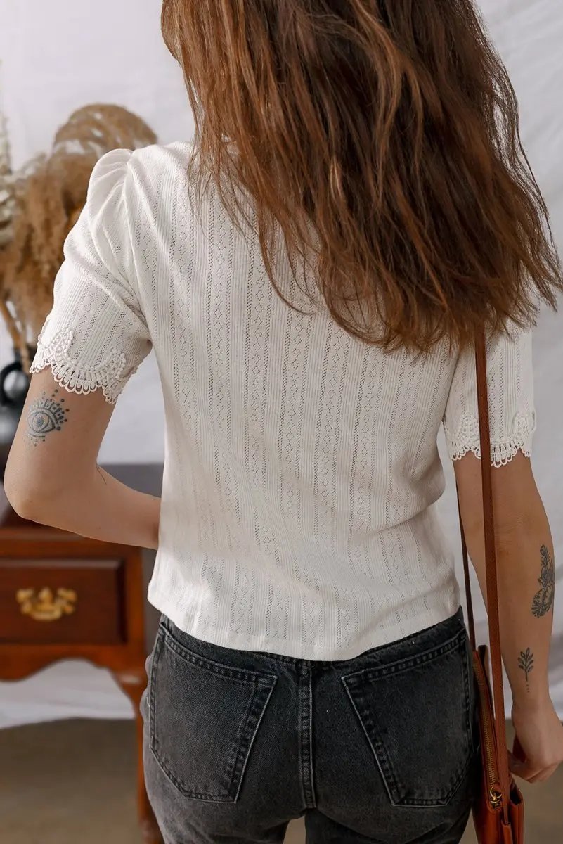 White Scalloped Lace Trim Jacquard Textured T Shirt for Women - Love Salve